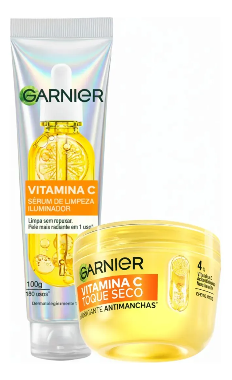 Kit Garnier Vitamina C: Sérum de Limpeza Iluminador 100g + Hidratante Toque Seco Antimanchas 85g
