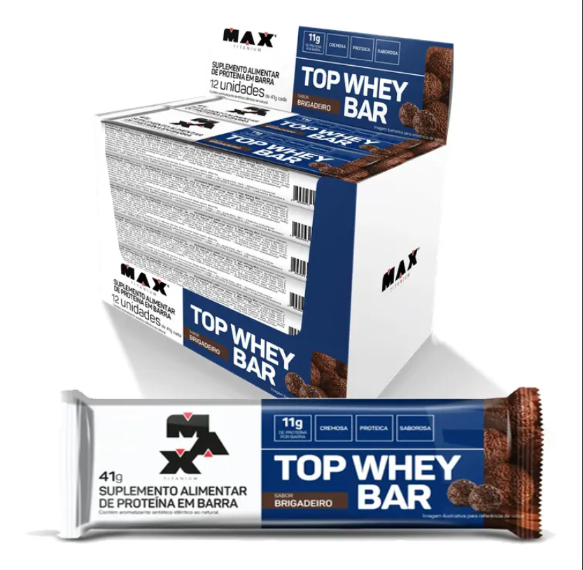 Top Whey Bar Max Titanium sabor brigadeiro, caixa com 12 unidades