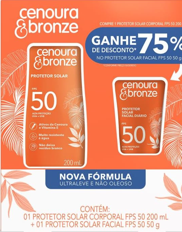 Kit Protetor Solar Cenoura & Bronze FPS 50 (corporal 200ml + facial 50g)