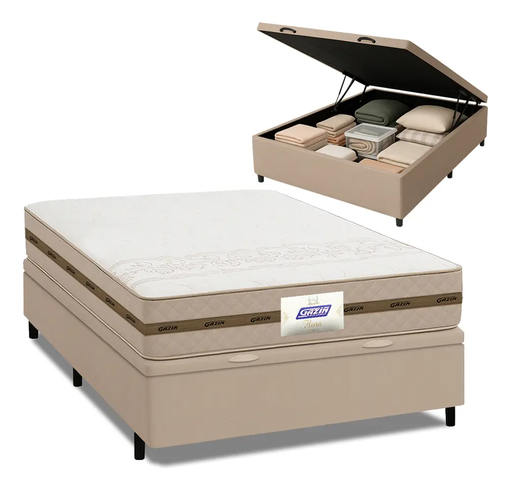 Cama Box Baú Casal com Colchão Gazin Molas Flora 138x188