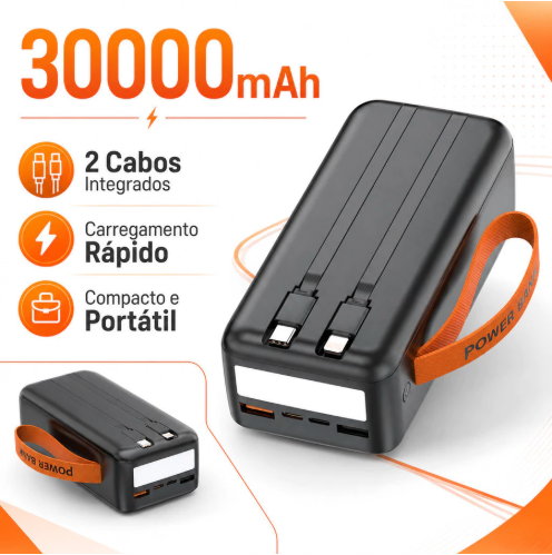 Power Bank 30000mAh com 2 cabos embutidos (Tipo-C e iPhone), display LED e carga rápida