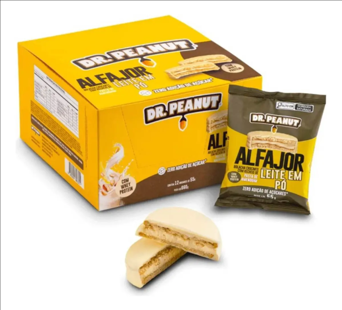 Alfajor Dr. Peanut sabor leite em pó com whey protein, caixa com 12 unidades