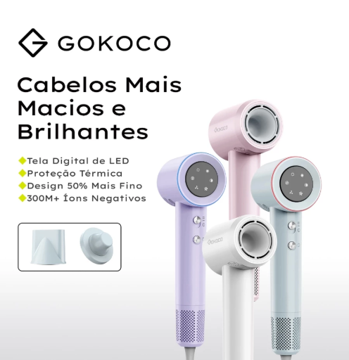 Secador de Cabelo GOKOCO 1500W com tela LED e íons negativos